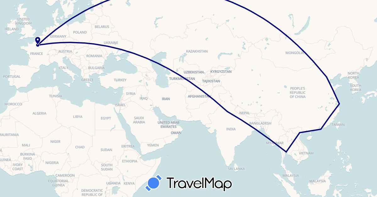 TravelMap itinerary: driving in China, France, Hong Kong, India, Thailand, Vietnam (Asia, Europe)